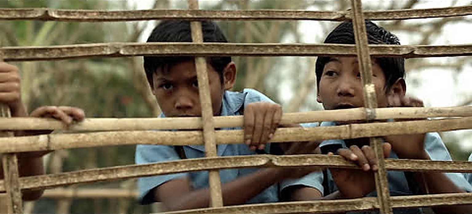 Film still: two boys looking through a bamboo fence
