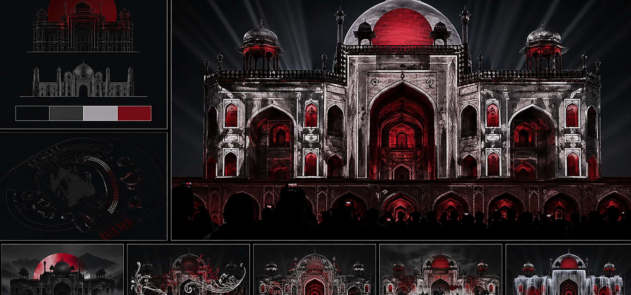 Monumental 3D projection mapping in red and white light on a heritage monument