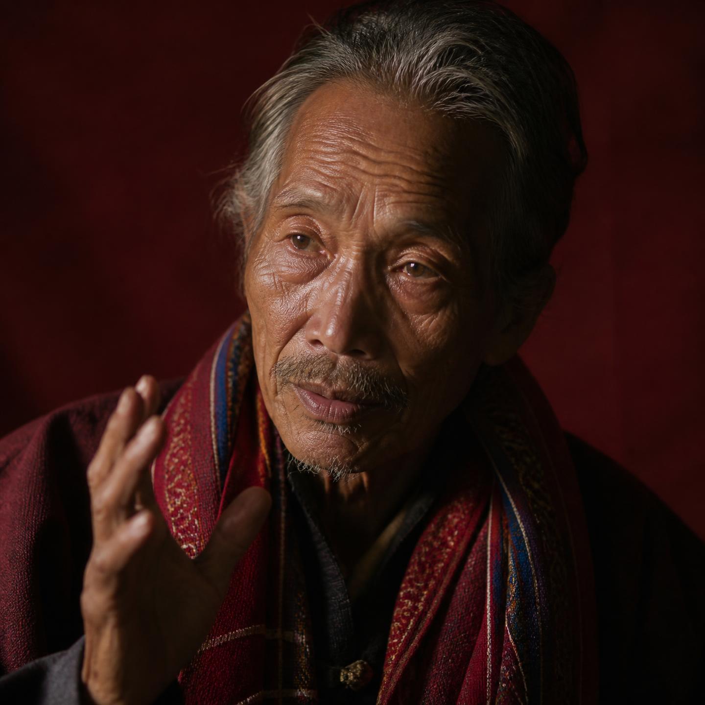 Portrait of an elder storyteller against deep red