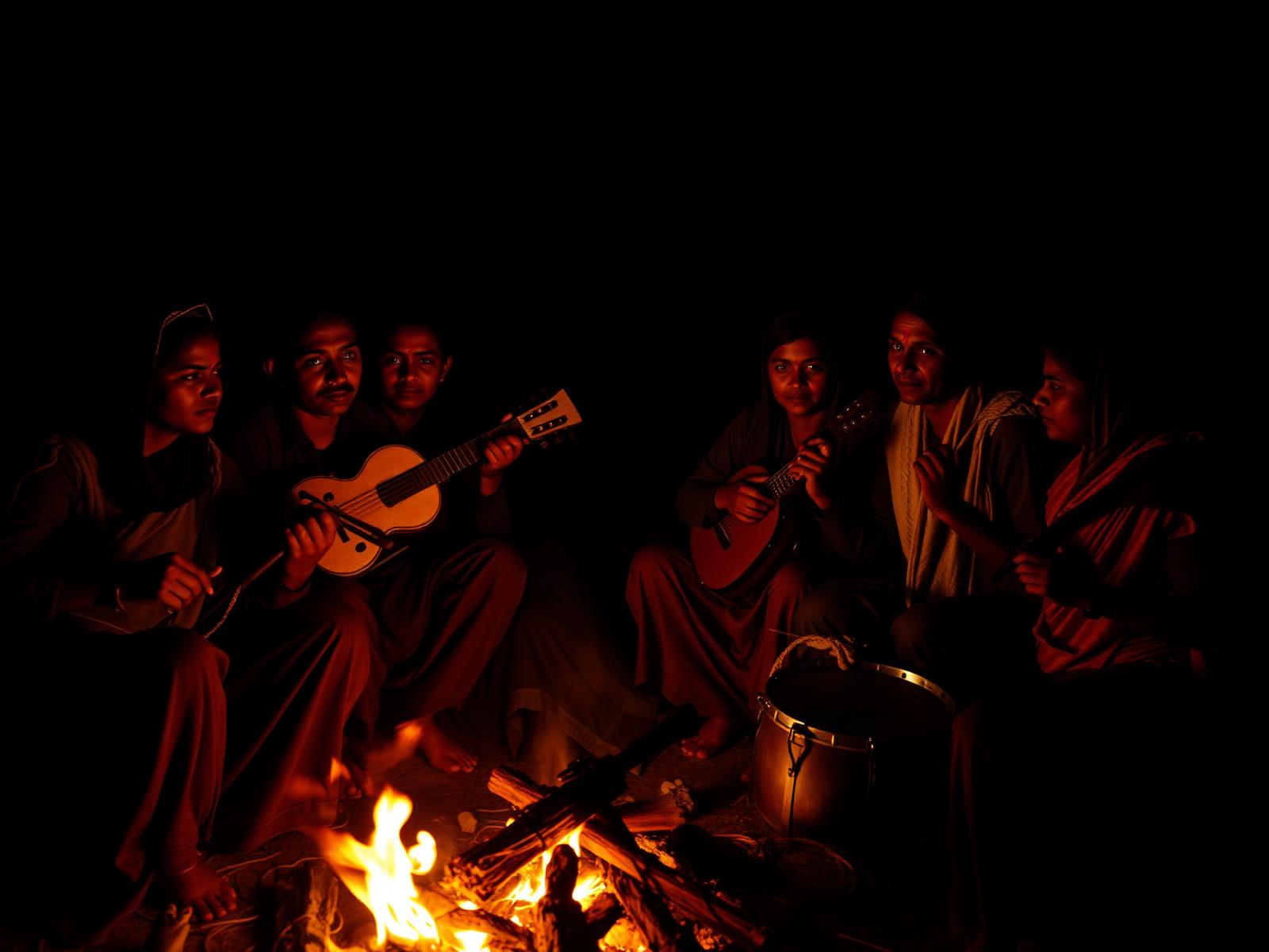 Musicians of the Mongeet ecosystem gathered by firelight
